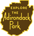 Explore the Adirondack Park shaped sticker in Hike ADK brown and yellow