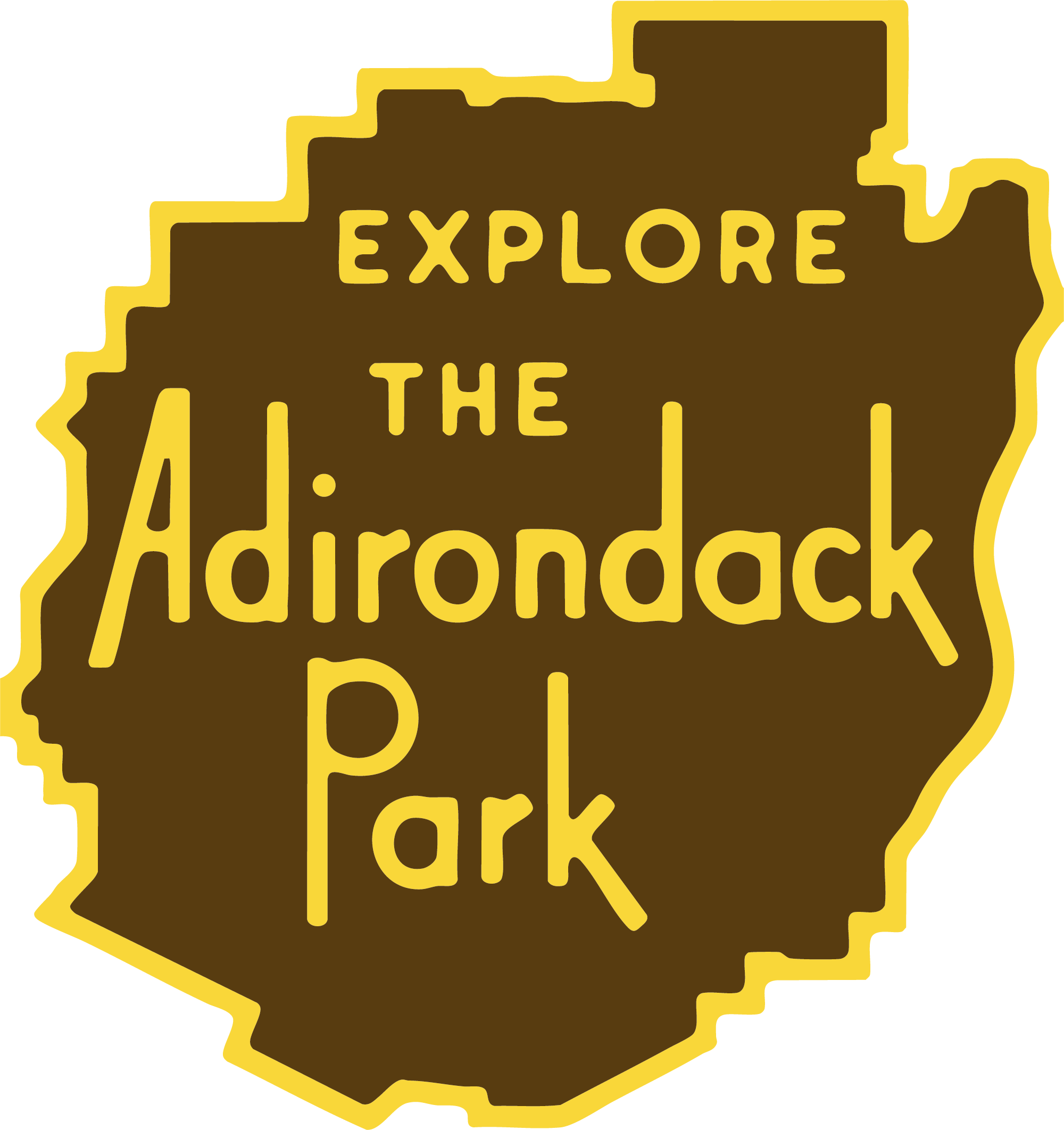Explore the Adirondack Park shaped sticker in Hike ADK brown and yellow