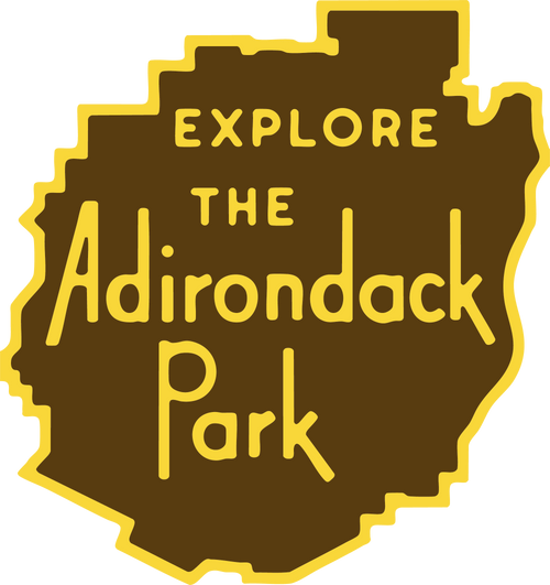 Explore the Adirondack Park shaped sticker in Hike ADK brown and yellow