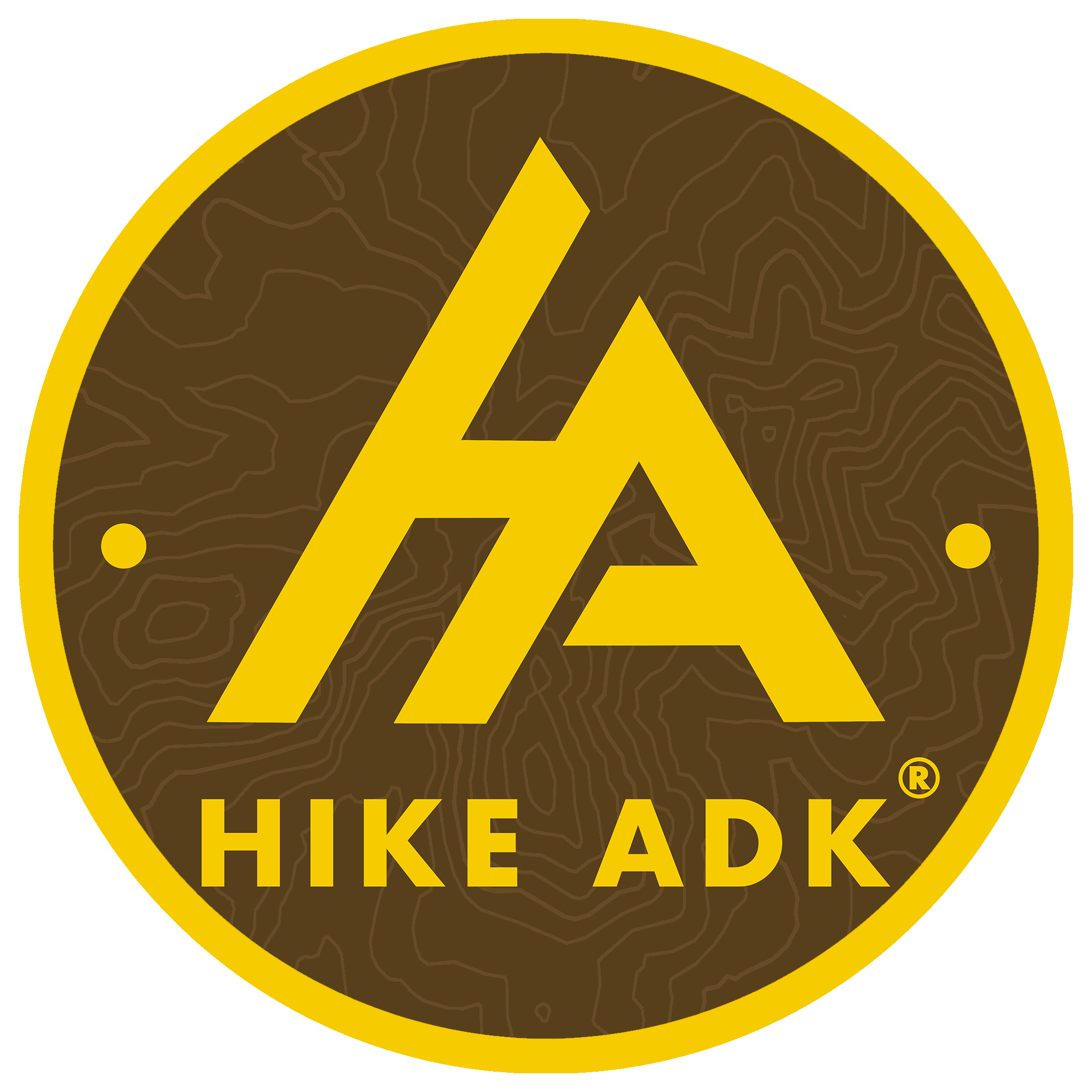 Round Hike ADK logo sticker with brown yellow and topographic details