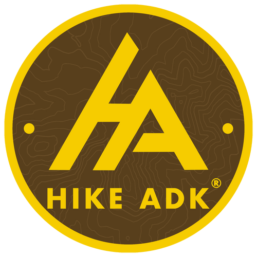 Round Hike ADK logo sticker with brown yellow and topographic details