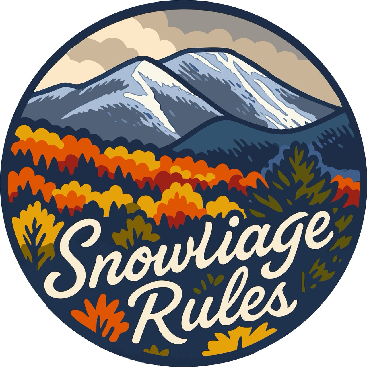 Snowliage Rules Adirondack sticker with snow capped peaks and autumn foliage